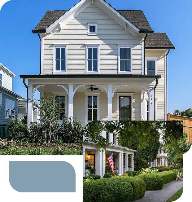 Two newly constructed single‑family homes in a landscaped neighborhood.