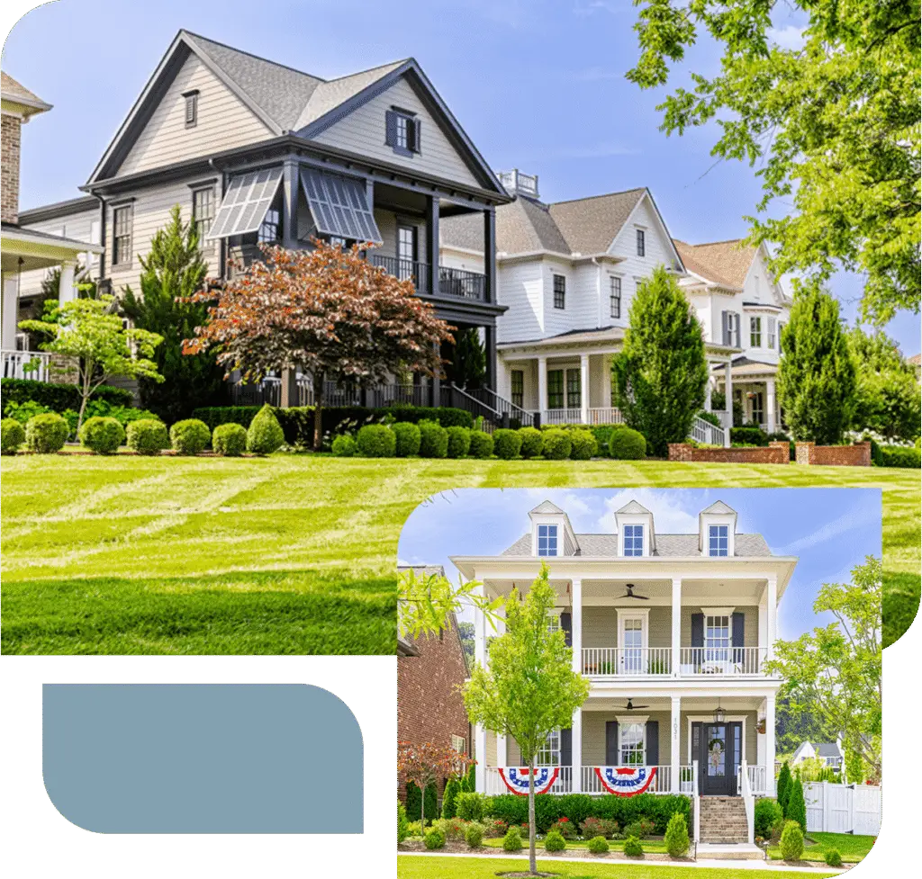 Two newly constructed single‑family homes in a landscaped neighborhood.